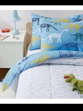 Kids Blue Dinosaur Bedding Set - Youth Comforter and Sham
